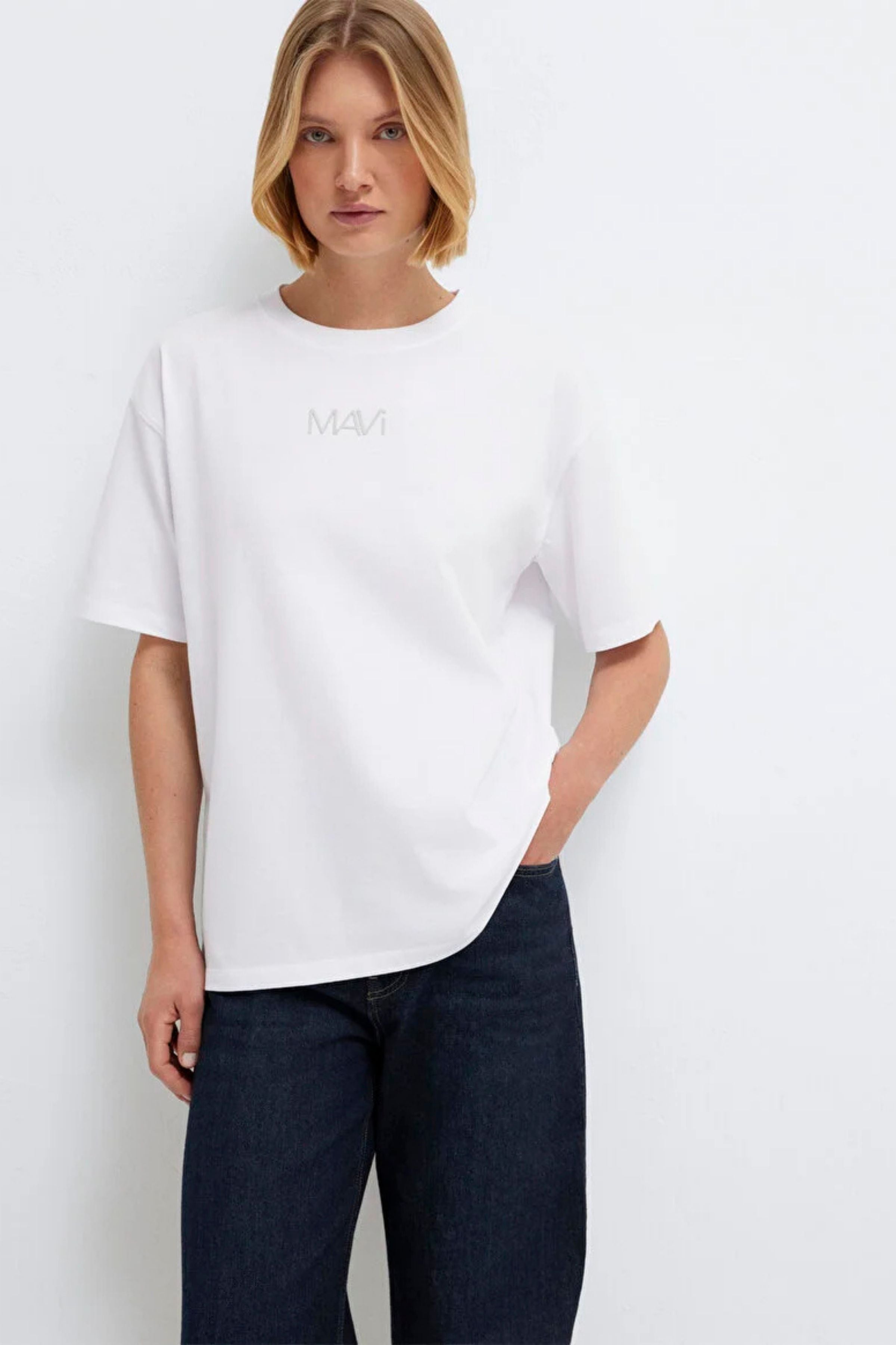 Mavi Baskılı Beyaz Kadın Tişört M1613884-620