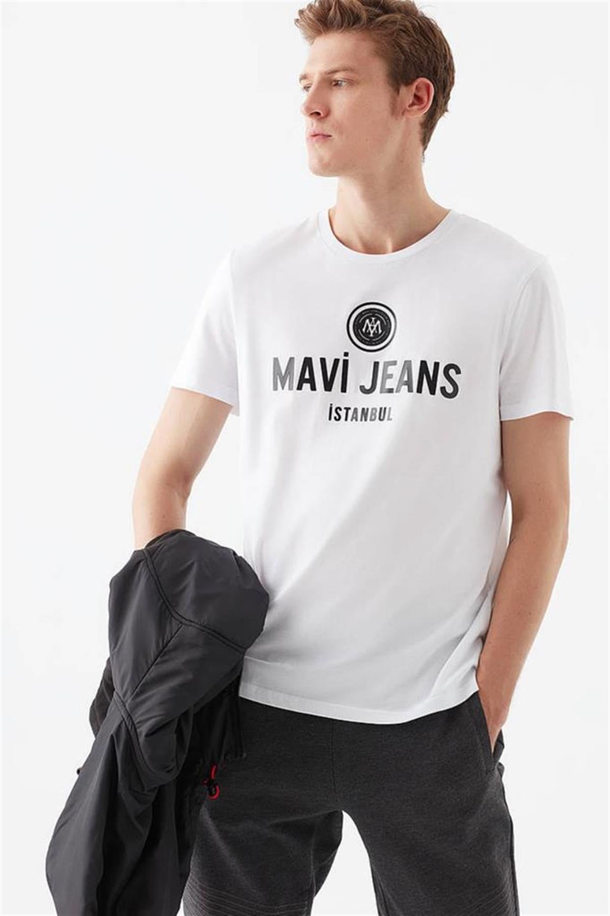 Mavi Logo Baskılı Beyaz Erkek Tişört 066195-620
