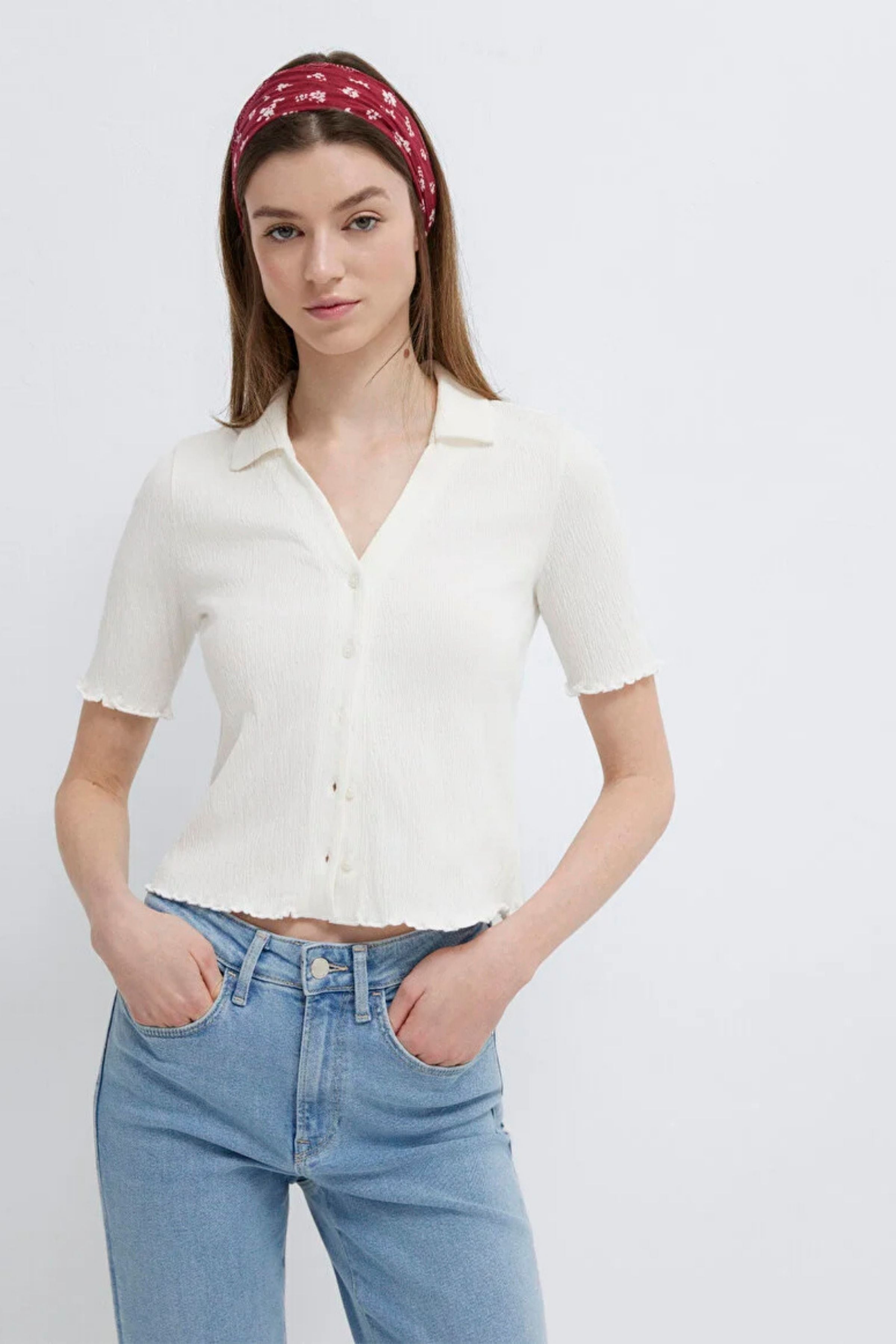 Mavi Kısa Kollu Polo Kırık Beyaz Kadın Tişört M1613974-70057