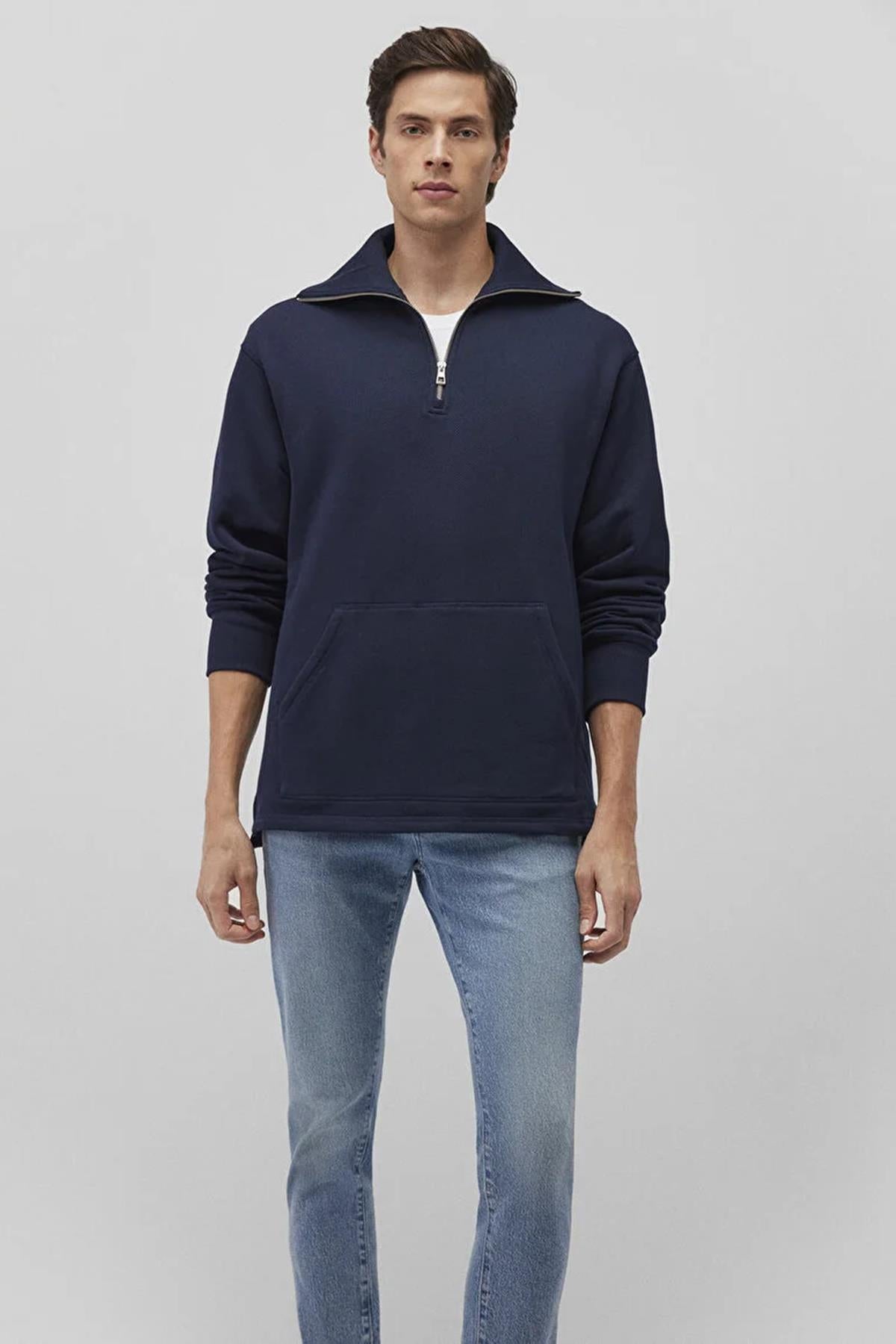 Mavi Yarım Fermuarlı Erkek Sweat M0S10243-8