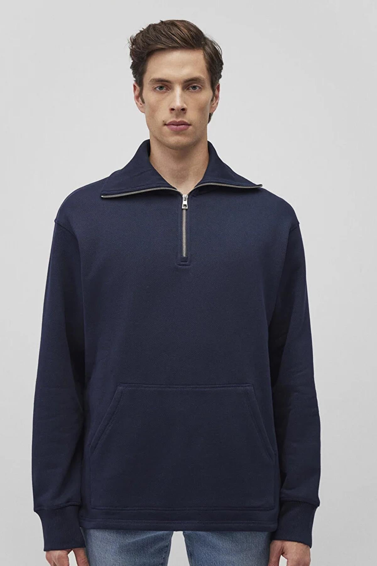 Mavi Yarım Fermuarlı Erkek Sweat M0S10243-8