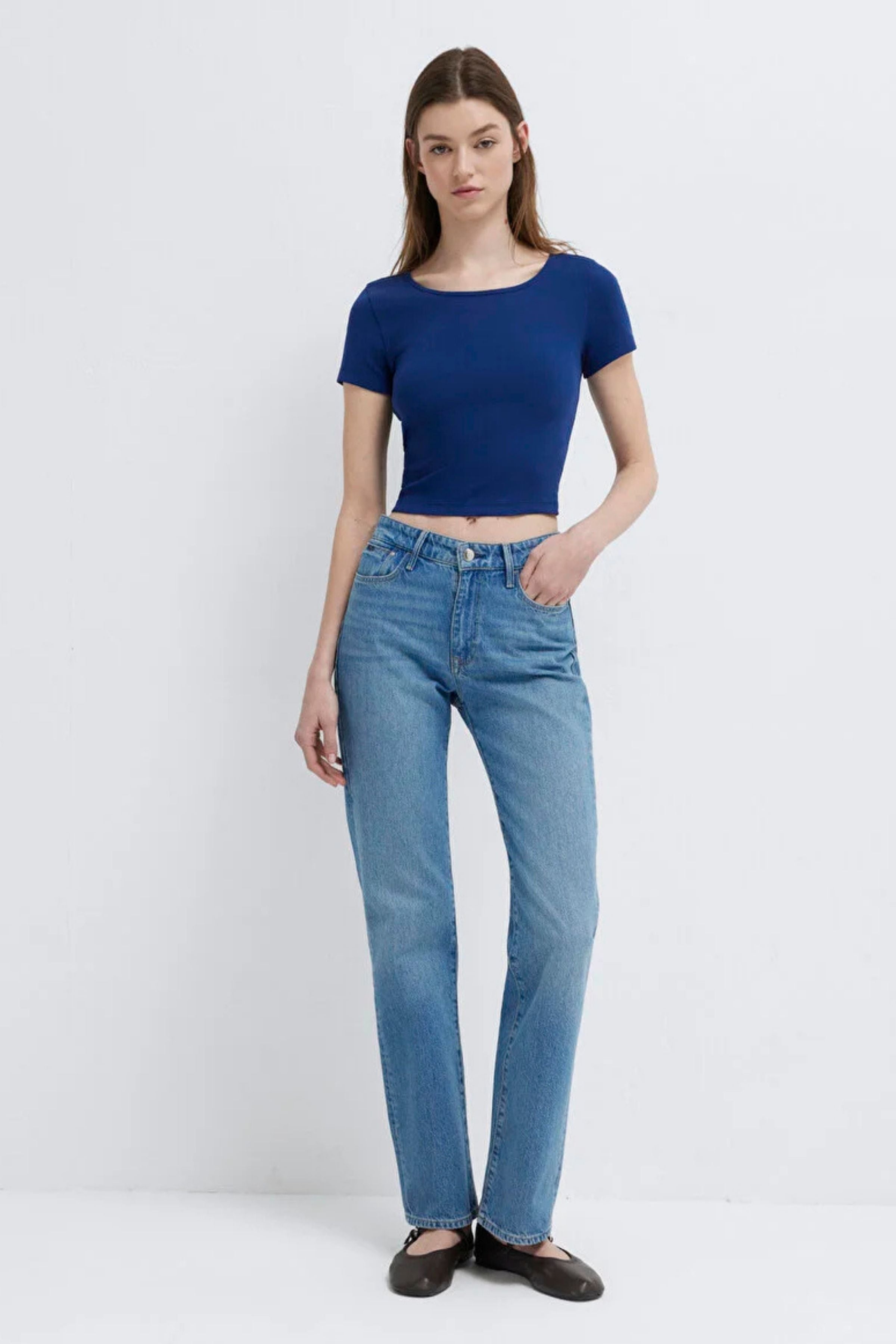 Mavi Yuvarlak Yaka Crop Basic Koyu Saks Mavi Kadın Tişört M1612374-70722