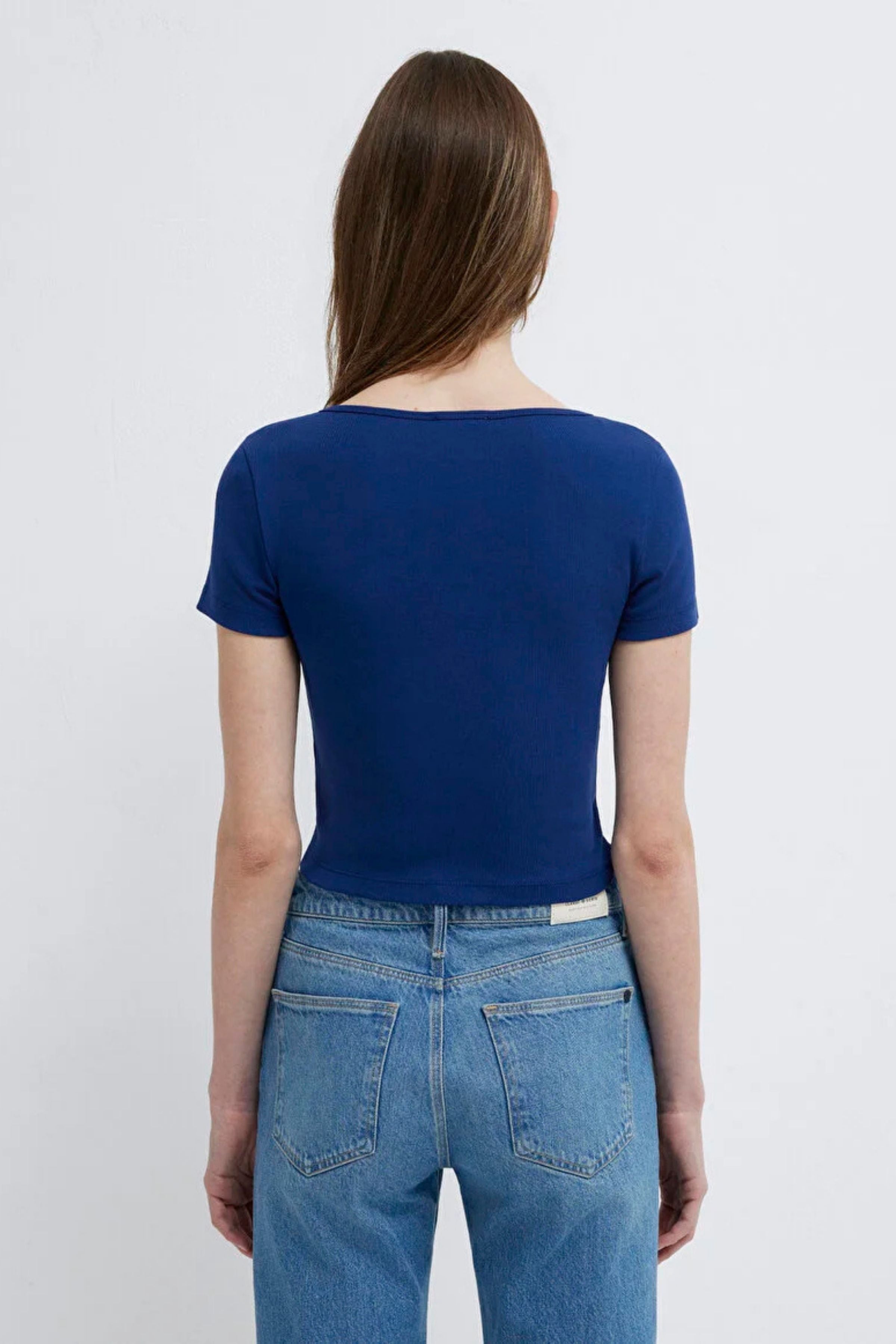 Mavi Yuvarlak Yaka Crop Basic Koyu Saks Mavi Kadın Tişört M1612374-70722