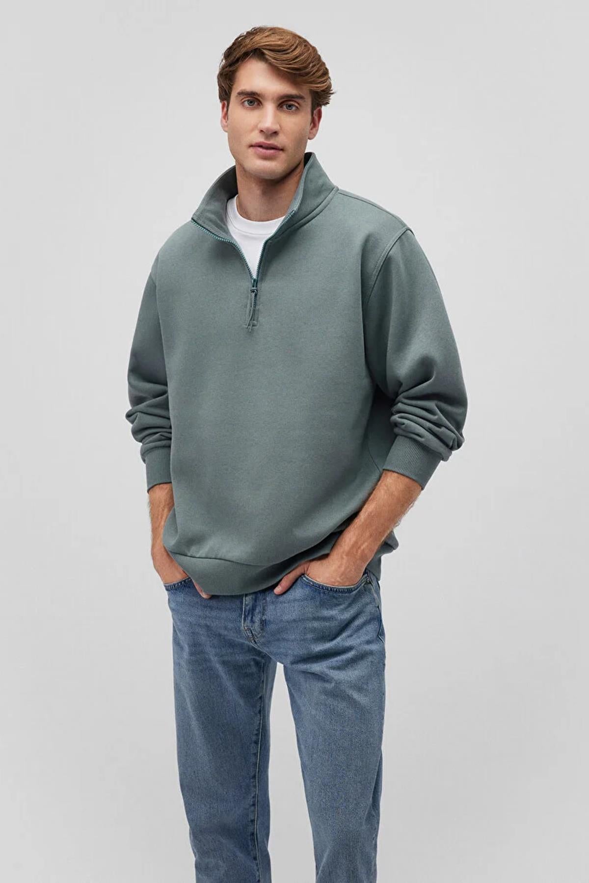 Mavi Yarım Fermuarlı Erkek Sweat M0S10278-7