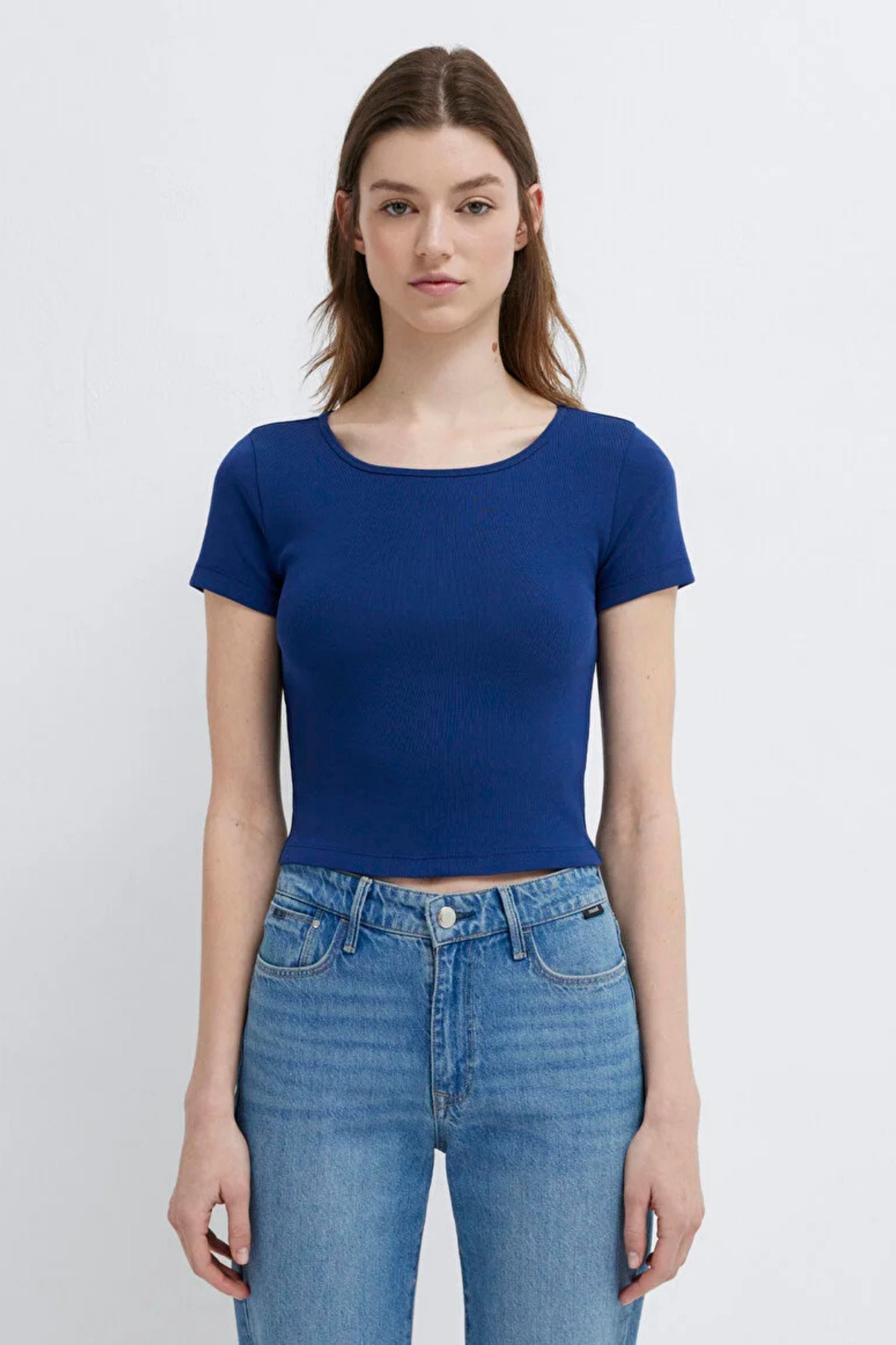 Mavi Yuvarlak Yaka Crop Basic Koyu Saks Mavi Kadın Tişört M1612374-70722