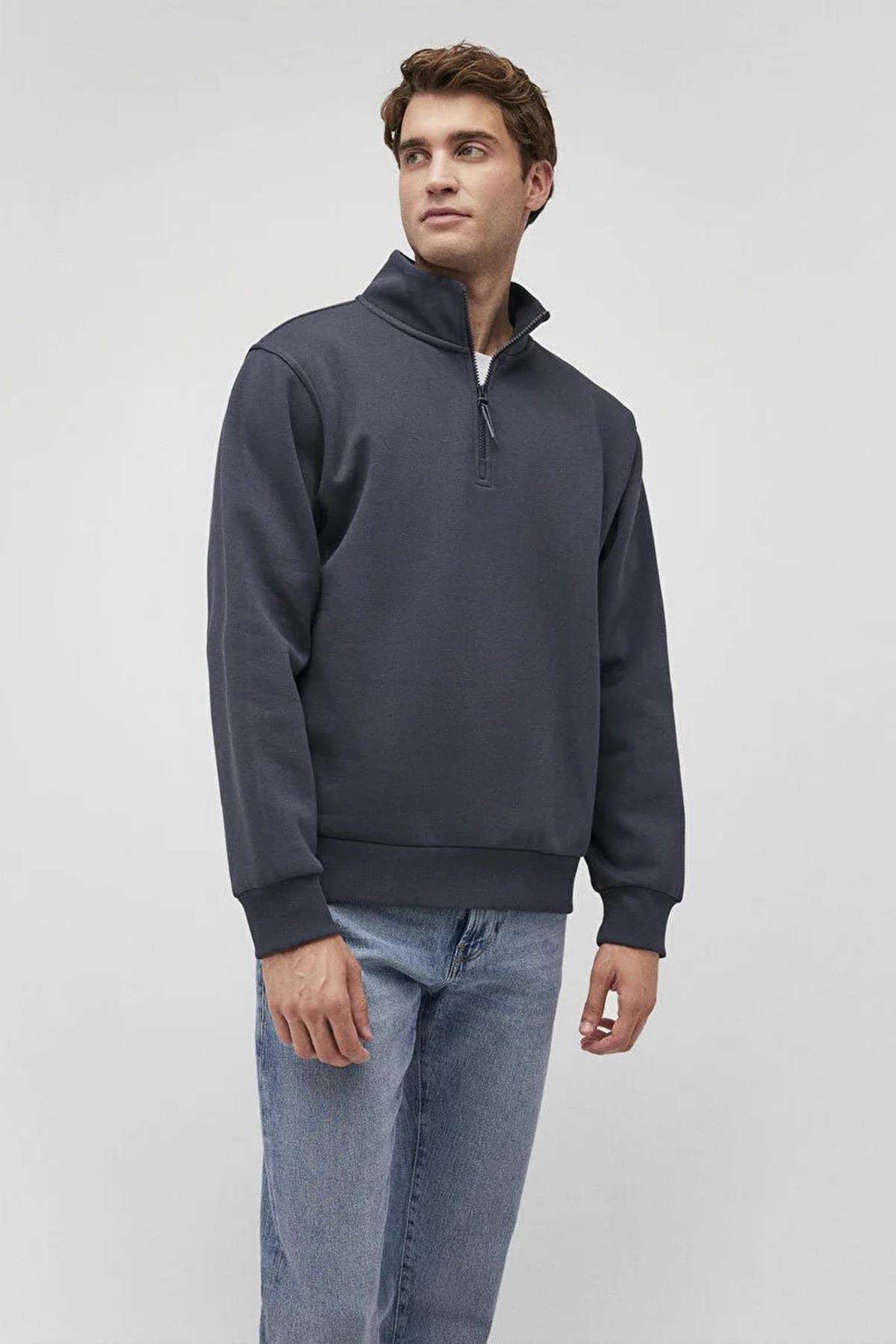 Mavi Yarım Fermuarlı Erkek Sweat M0S10278-8