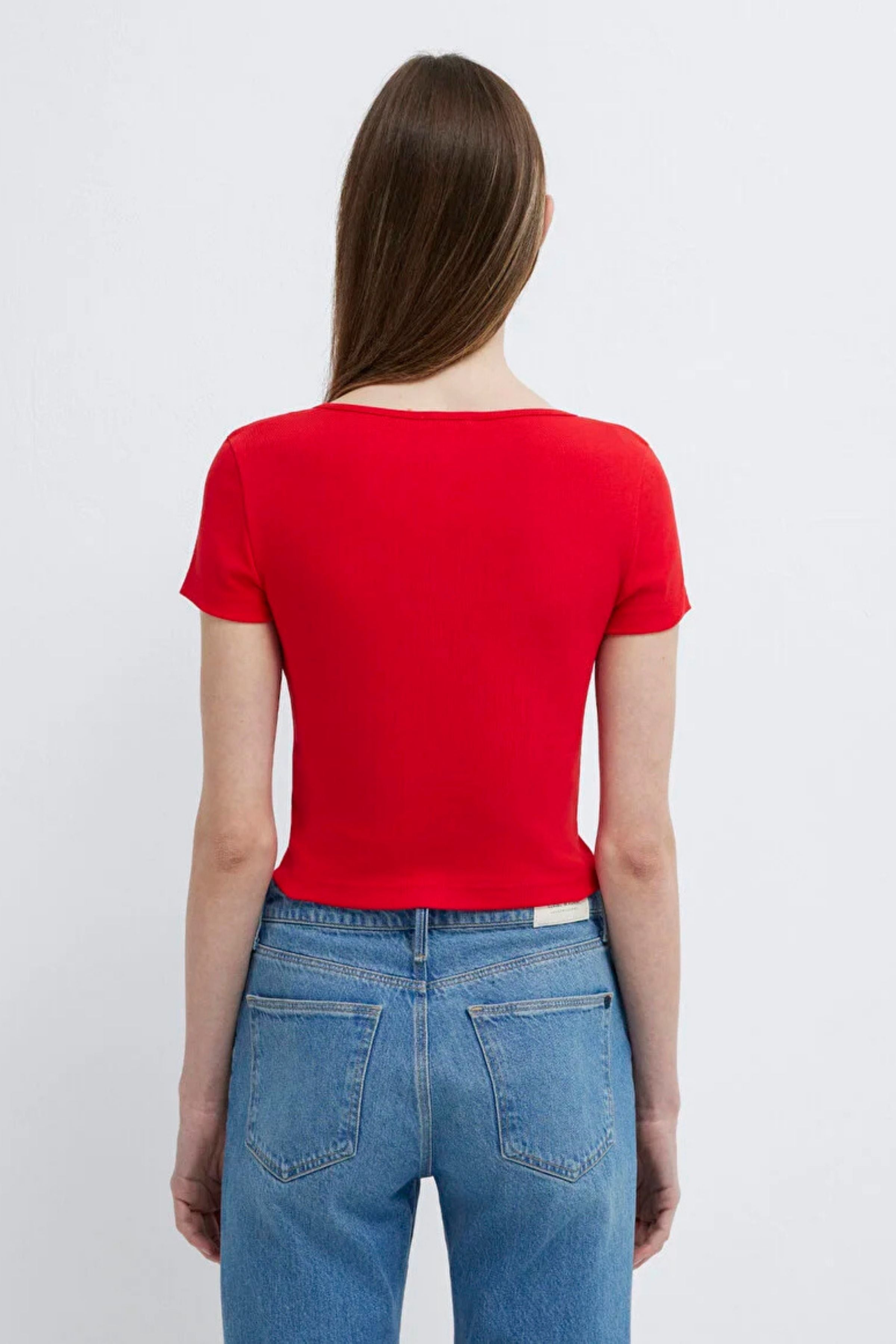 Mavi Yuvarlak Yaka Crop Basic Çin Kırmızısı Kadın Tişört M1612374-70467