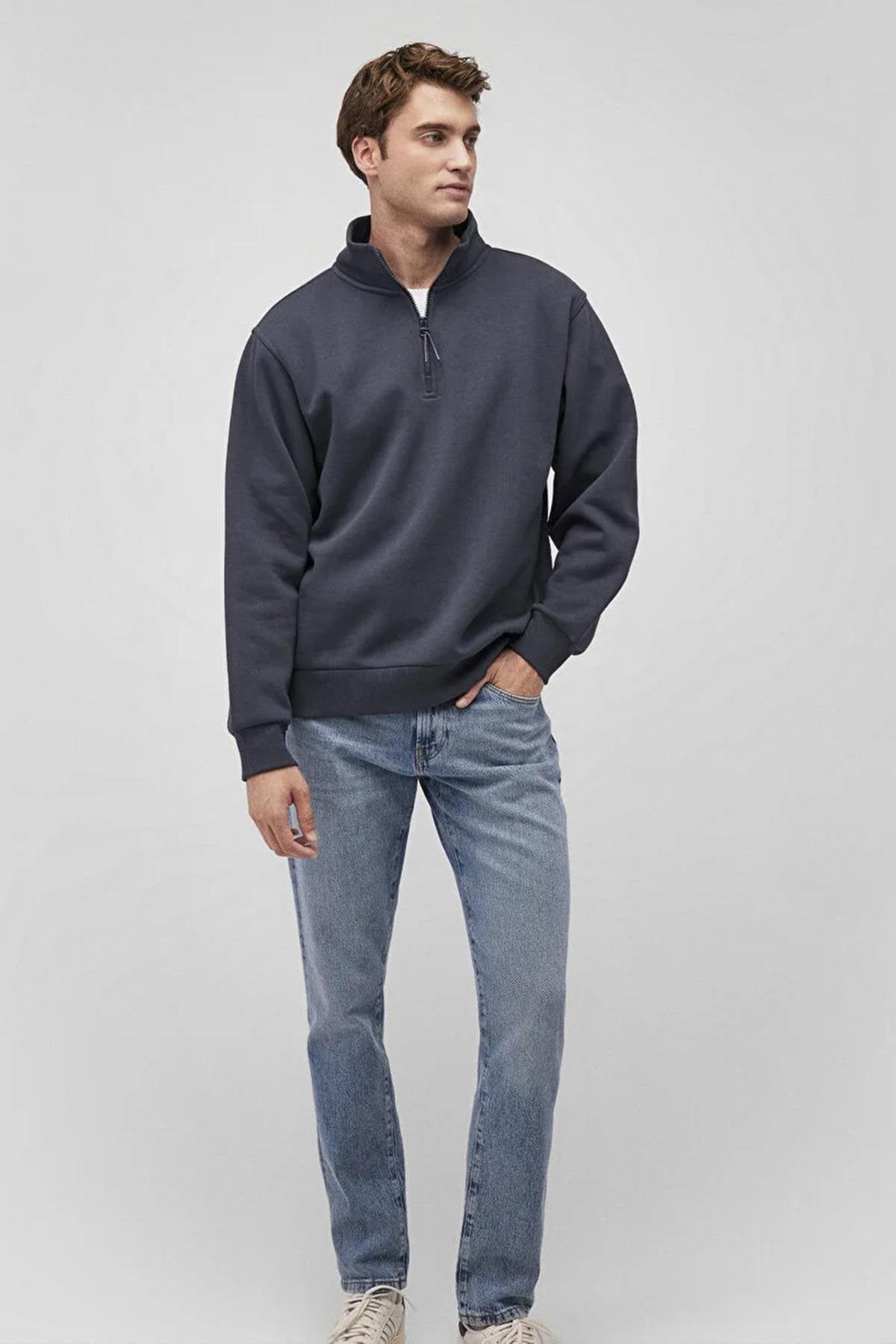 Mavi Yarım Fermuarlı Erkek Sweat M0S10278-8