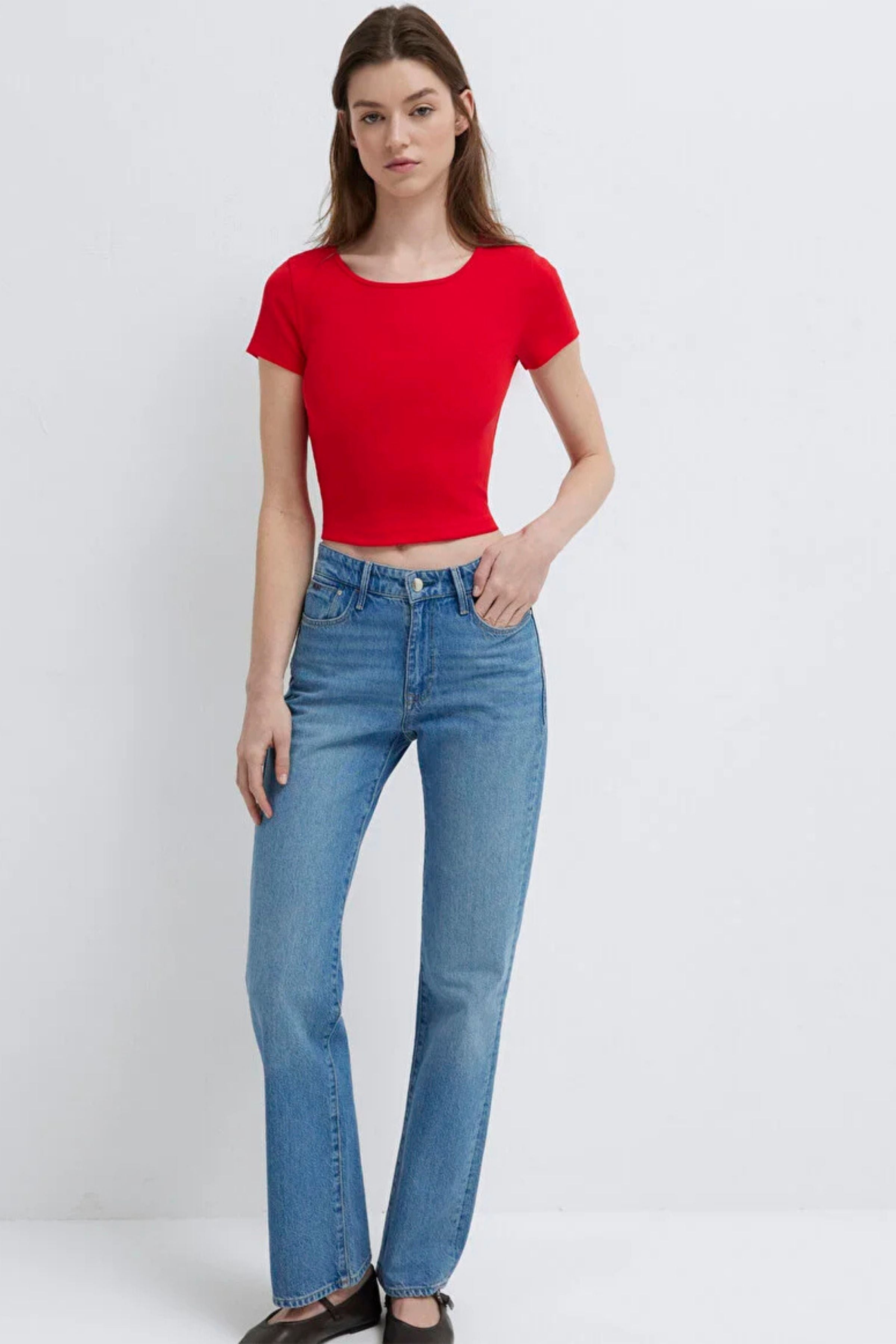 Mavi Yuvarlak Yaka Crop Basic Çin Kırmızısı Kadın Tişört M1612374-70467
